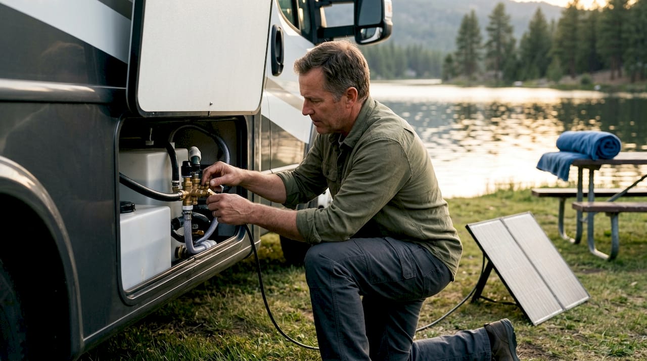 Man adjusting RV water system outdoors
