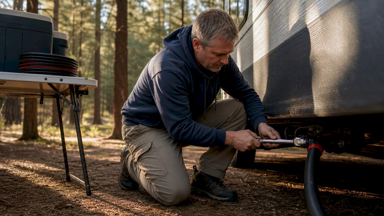 Man tightening RV sewer hose fitting outdoors