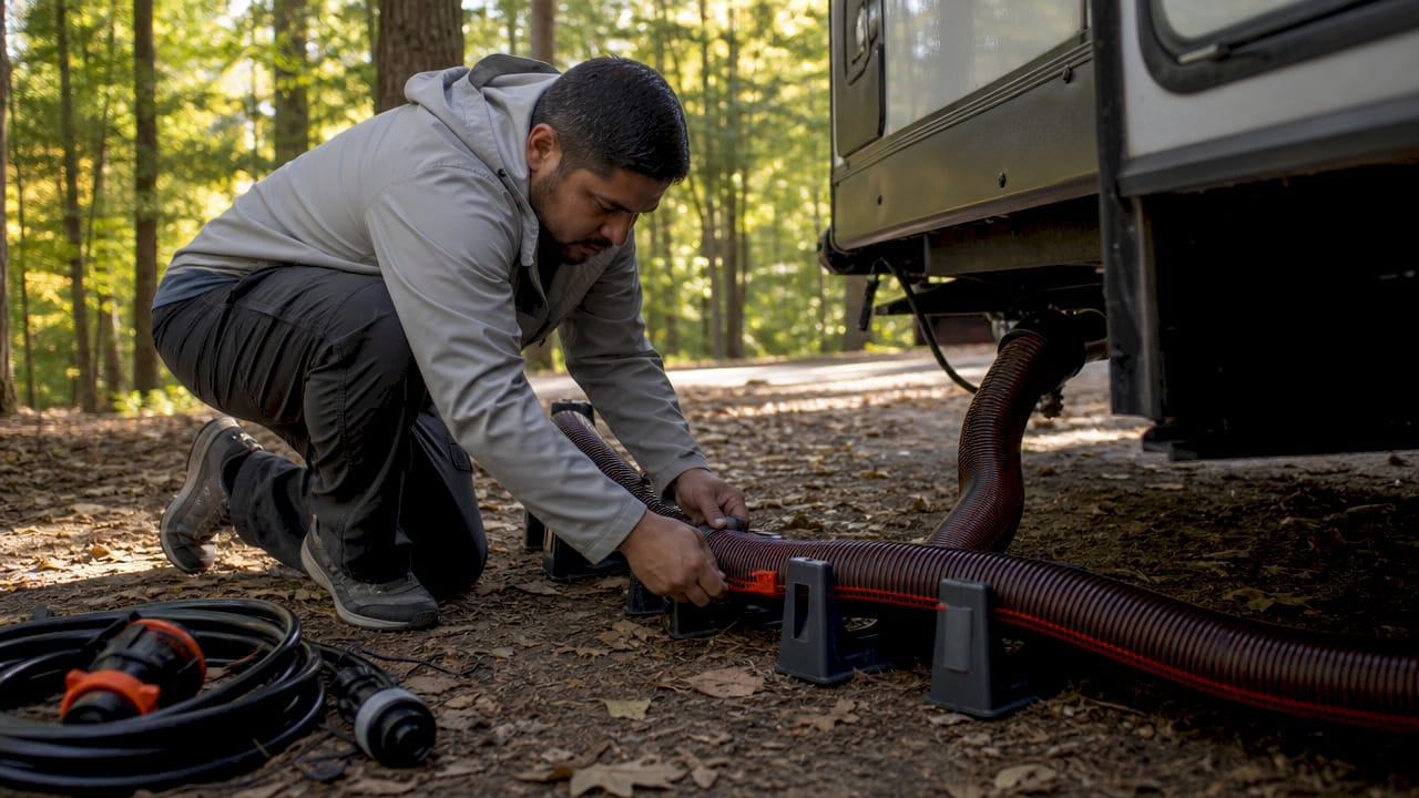 Camper adjusting RV sewer hose support outdoors