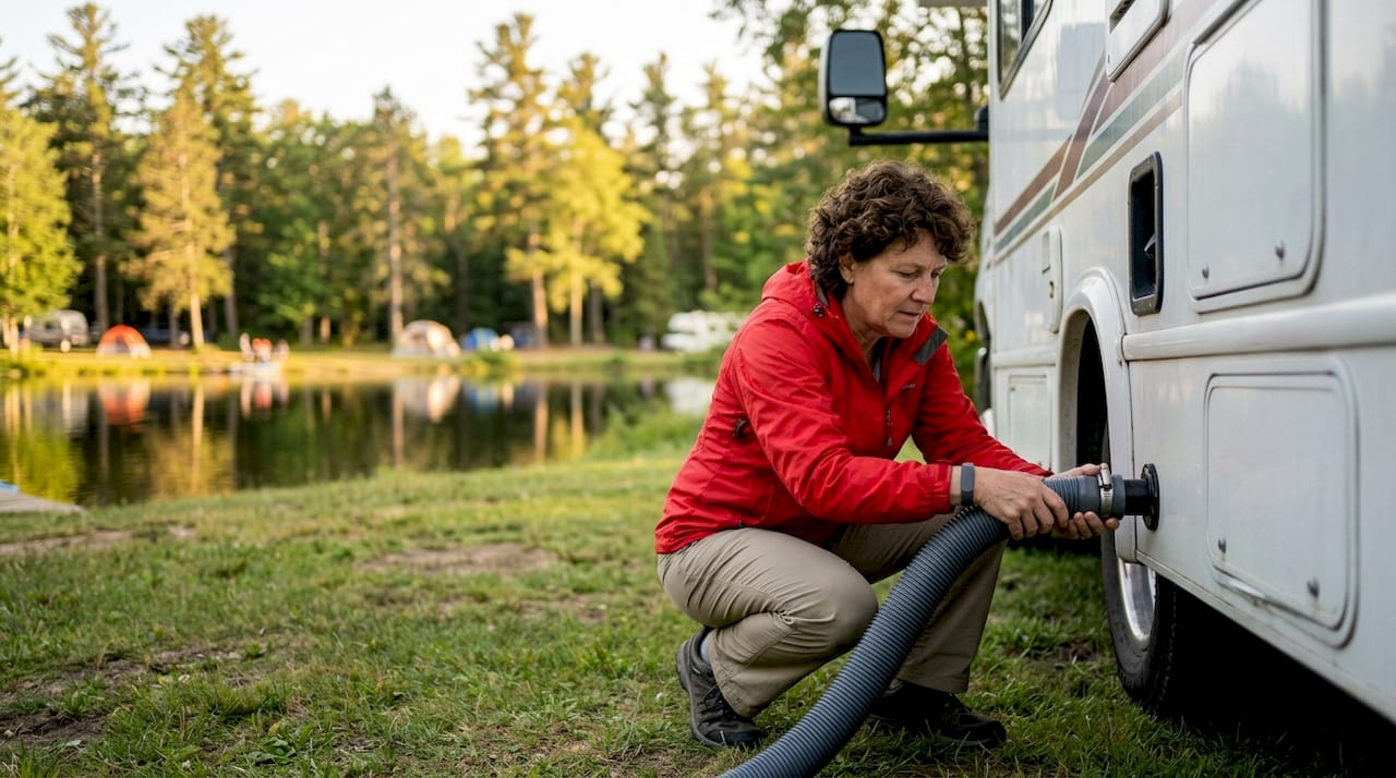 Person managing RV waste tank connection outdoors
