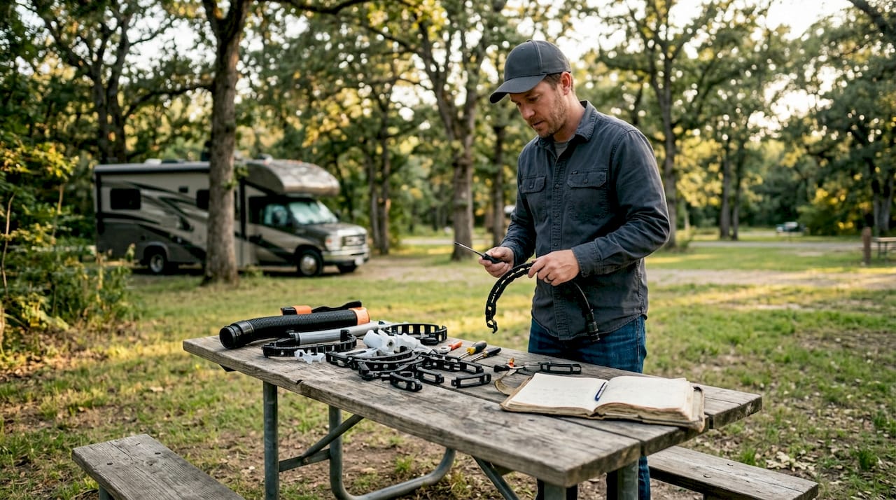Technician inspecting RV sewer hose support outdoors
