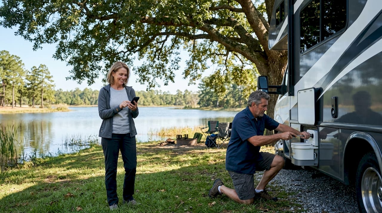 Couple upgrading RV sanitation system outdoors