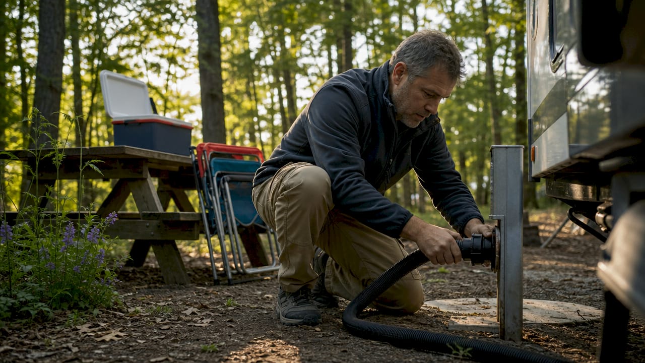 Man connecting RV sewer hose at campground dump station