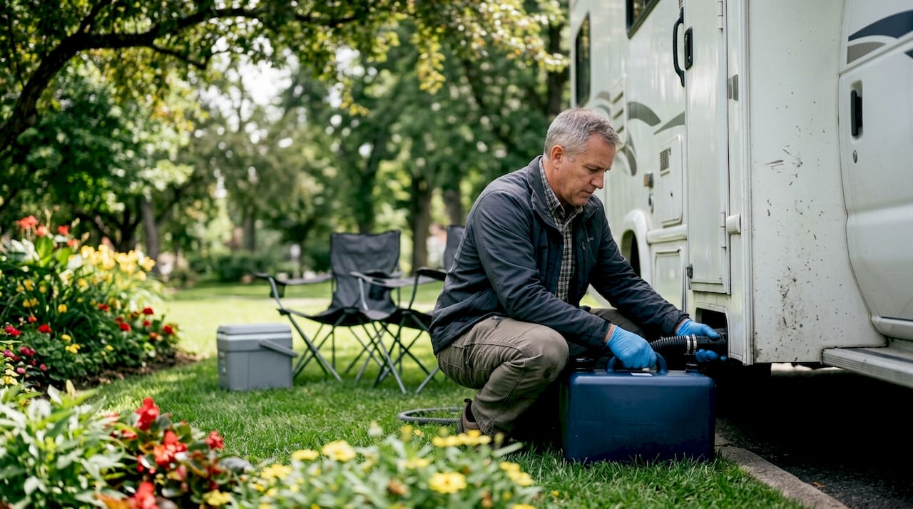 Man connecting portable waste tank to RV drain outlet