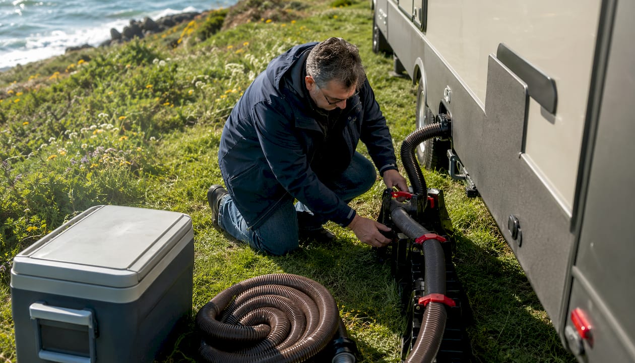 Man inspecting RV sewer hose support outdoors