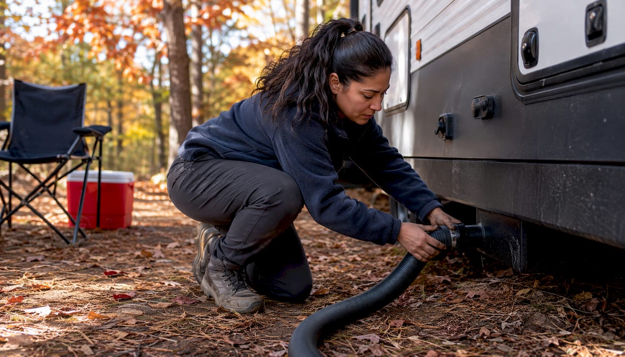 Camper connecting RV black tank sewer hose outdoors