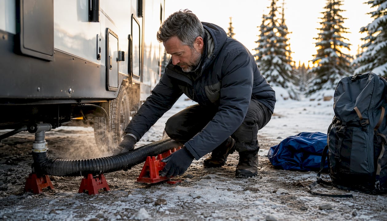 Man positioning sewer hose supports on frosty uneven ground