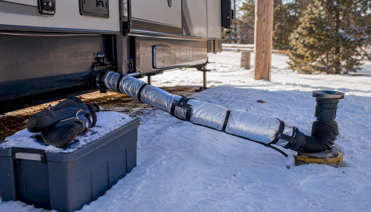 RV sewer hose with heat resistant cover outdoors in snow