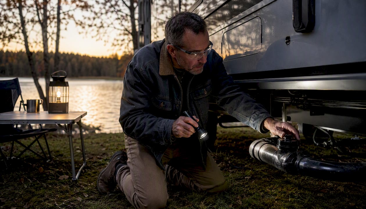 Man inspecting RV gray tank valve outdoors