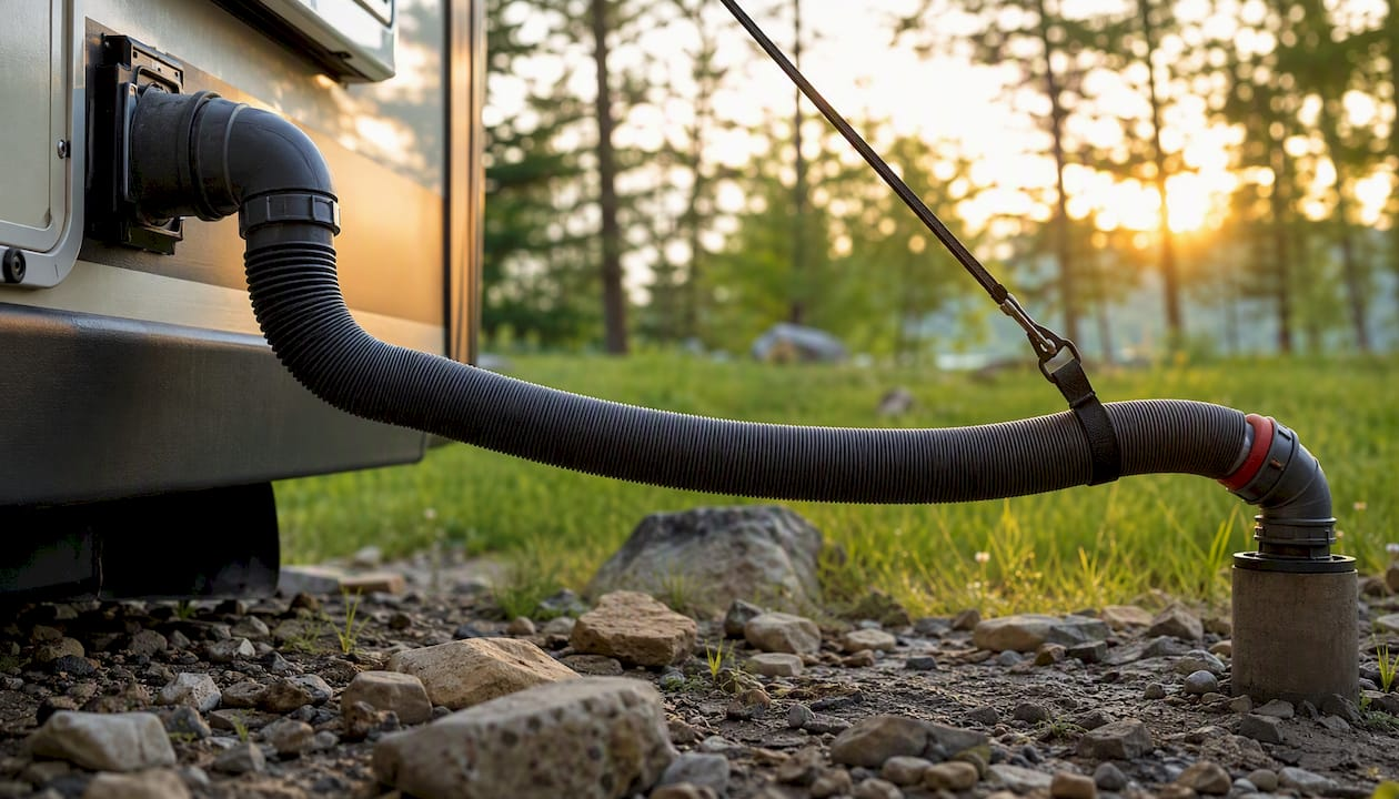 Suspended RV sewer hose over rocky ground