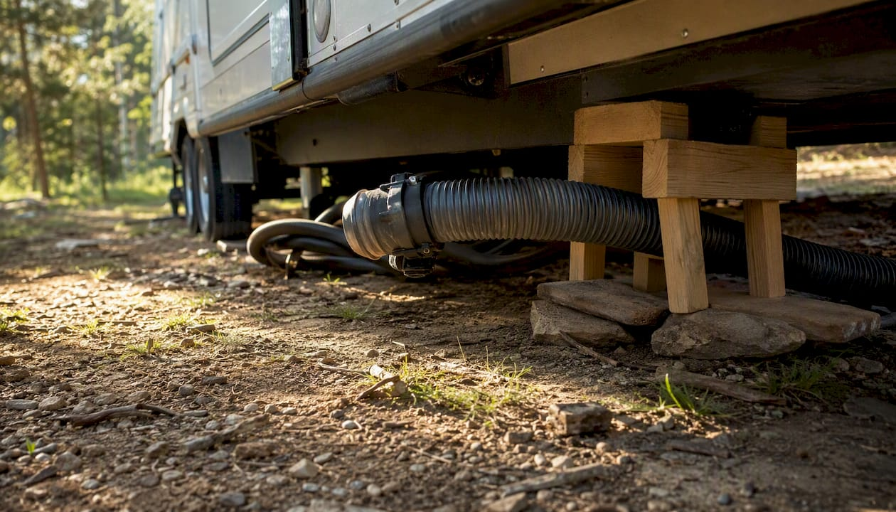 Sewer hose supported by makeshift ramp outdoors